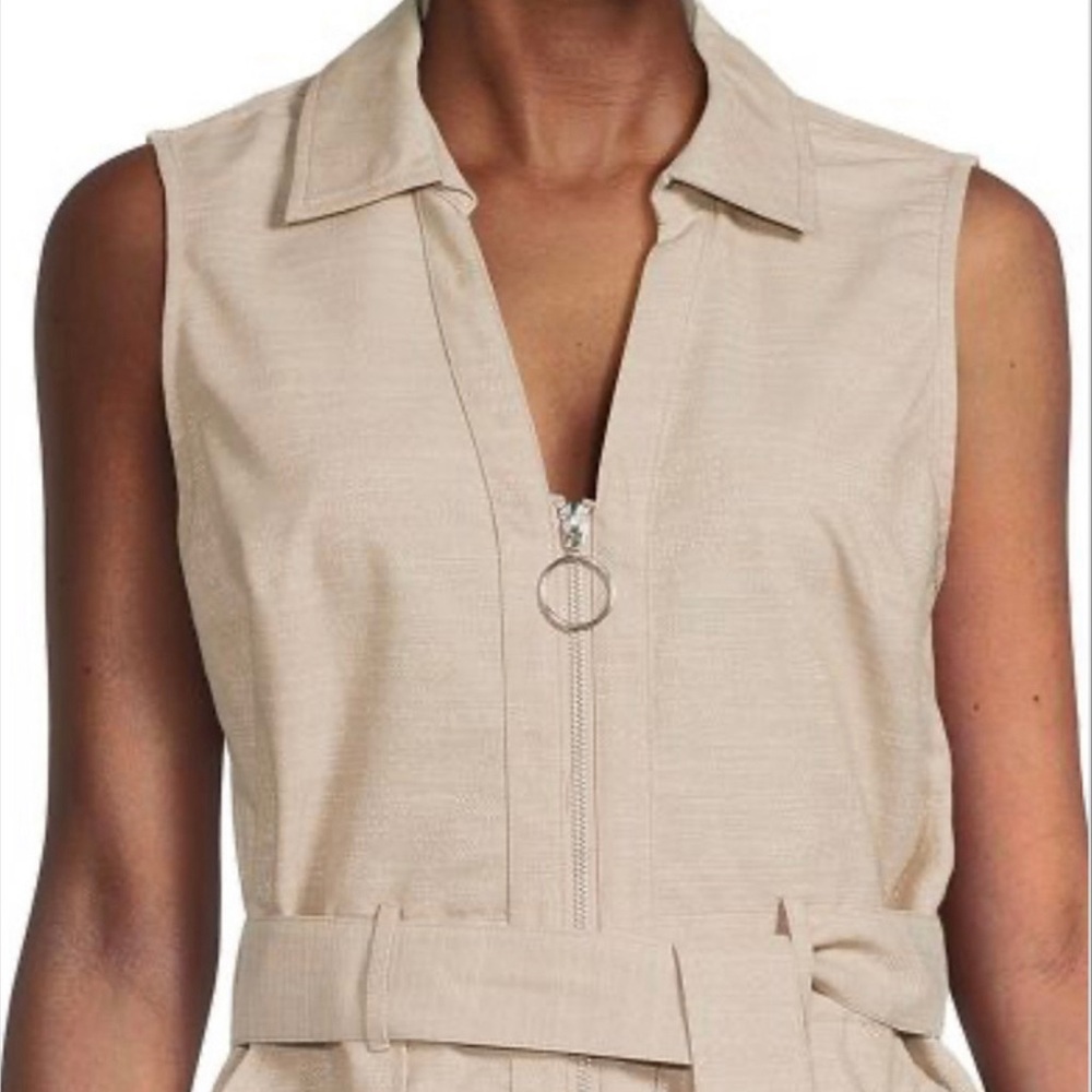 NWT - SHARAGANO Cotton Blend Belted Shirt Dress - beige- Sz 14 - Picture 5 of 8